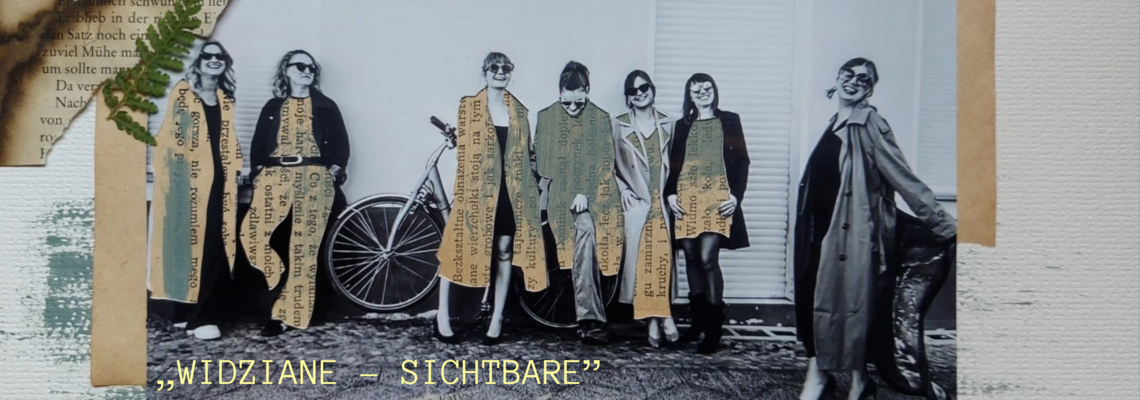 Ein Foto und eine Collage von sieben Frauen, die entspannt an einer Wand stehen und lachen. 
