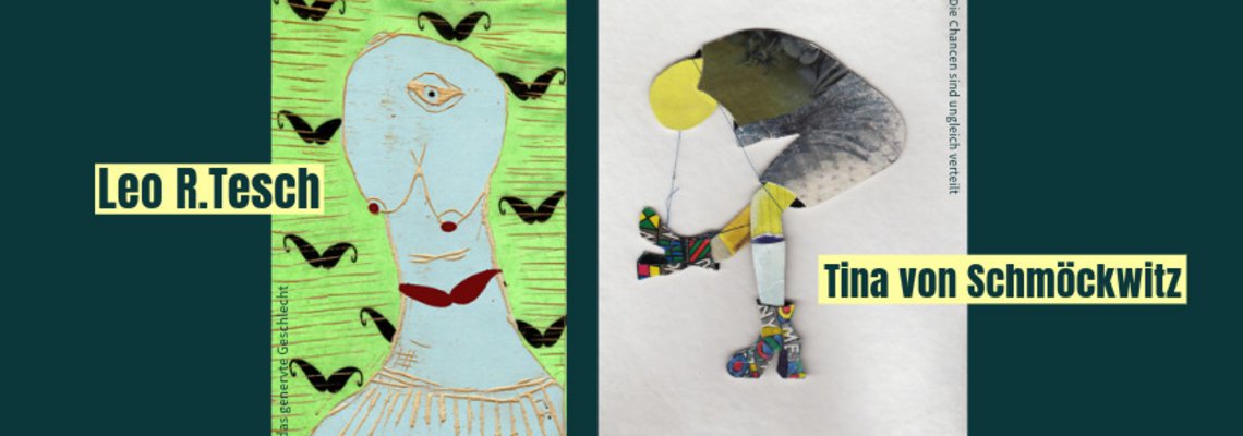 Eine Grafik mit zwei Fotos von Werken der Künstlerinnen 