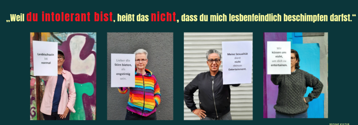 Ein Bild mit vier fotos von Frauen, die weißen, beschrifteten Zettel in Händen halten mit 