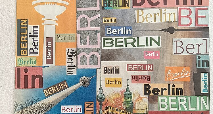 Eine bunte Collage mit vielen Zeitungsausschnitten aus Berlin. 