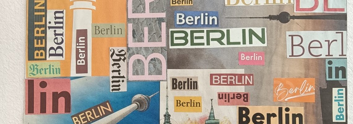 Eine bunte Collage mit vielen Zeitungsausschnitten aus Berlin. 