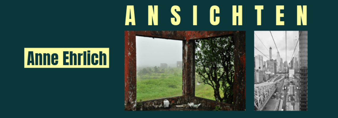 Ein Bild mit zwei Fotos von einem Fenster ohne Scheiben und einem Ansicht von New York. Oben steht: Ansichten, links Anne Ehrlich. 