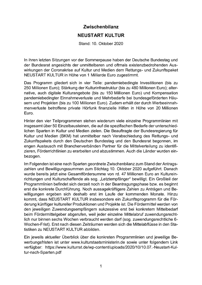 Blatt 1 des Programms "Neustart Kultur"