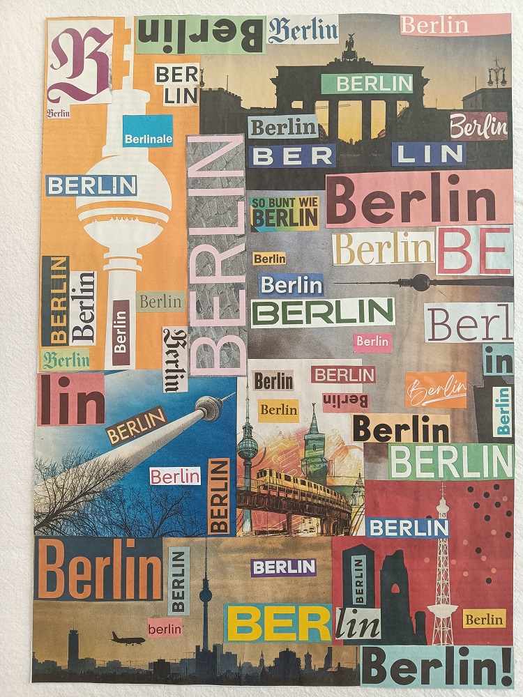 Eine bunte Collage mit vielen Zeitungsausschnitten aus Berlin. 