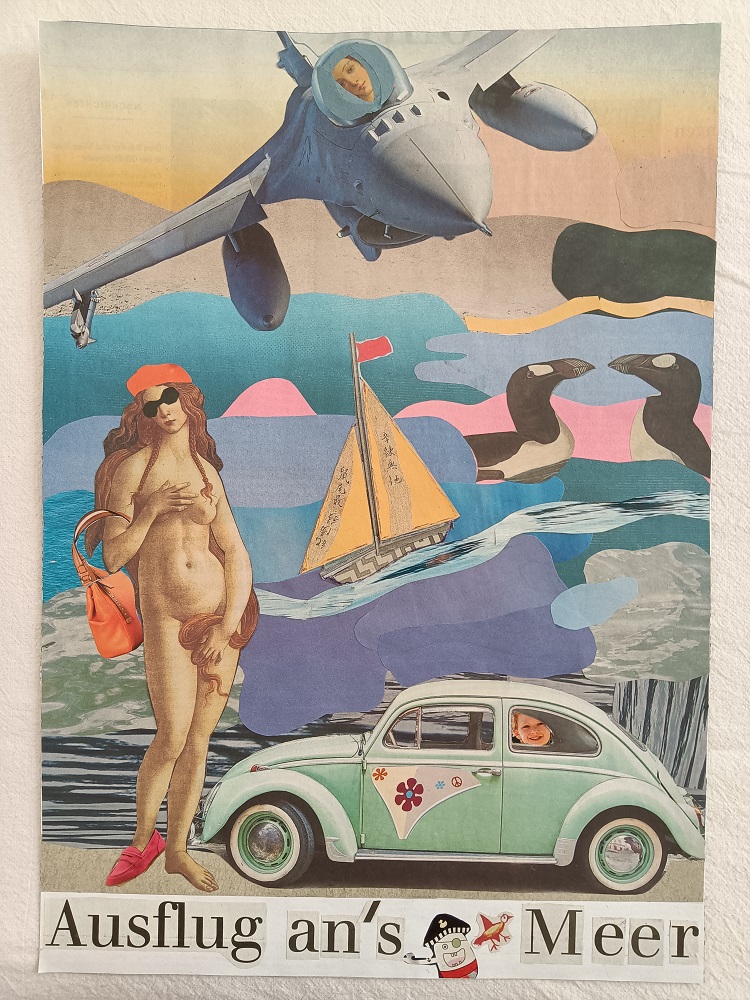 Eine bunte Collage mit einer nackten Frau: Venus von Botticelli, die eine Tasche, Sonnenbrille und eine Mütze trägt. Im Hintergrund steht ein VW Käffer,  ein Segelboot und ein Kampfflugzeug.  