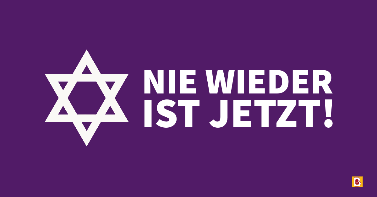 Eine lila Grafik worauf steht: Nie wieder ist jetzt! 