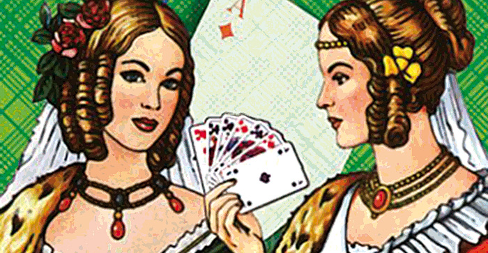 Bild mit zwei Frauen und Doppelkopfkarten