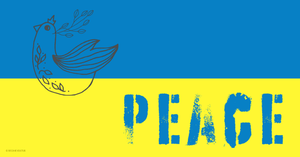 Ukrainefahne mit Schriftzug Peace