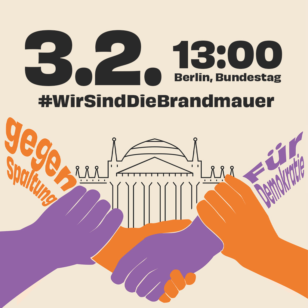 Eine bunte Grafik mit Händen, die zusammen halten und allen Informationen zu dem Aufruf Wir sind die Brand Mauer