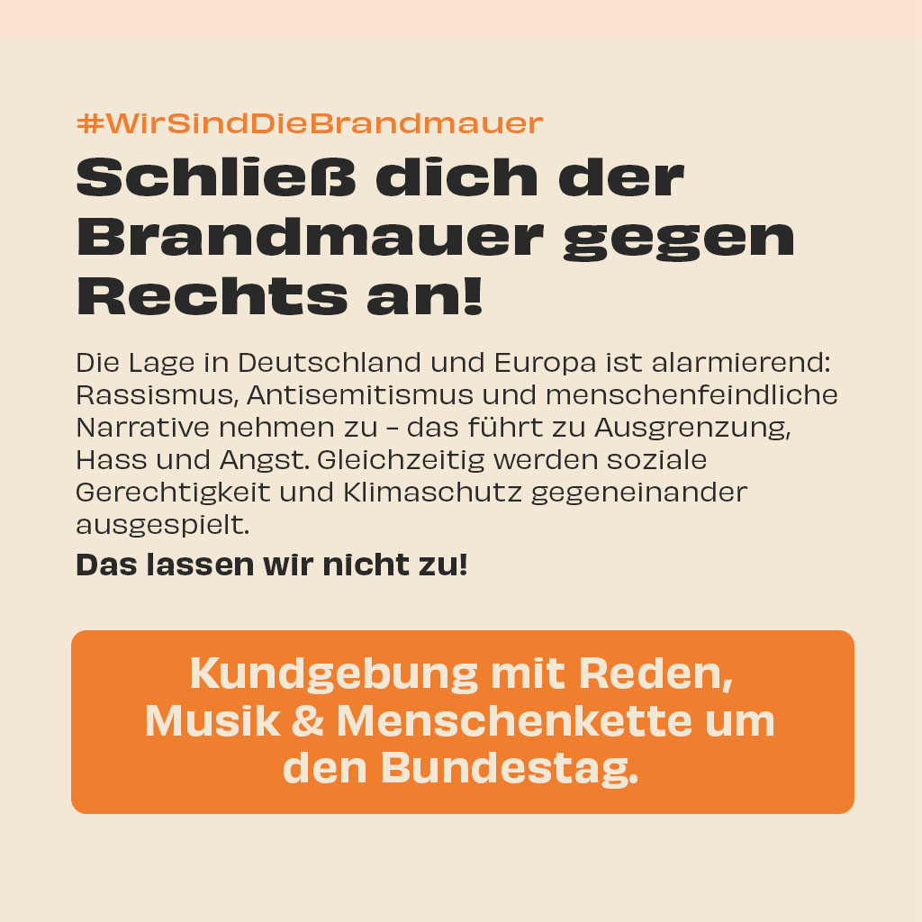 Eine bunte Grafik mit viel Text mit Informationen über den Aufruf Wir sind die Brand Mauer 