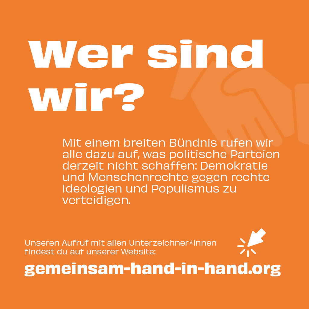 Eine orange Grafik mit Informationen über die Gruppe Hand in Hand