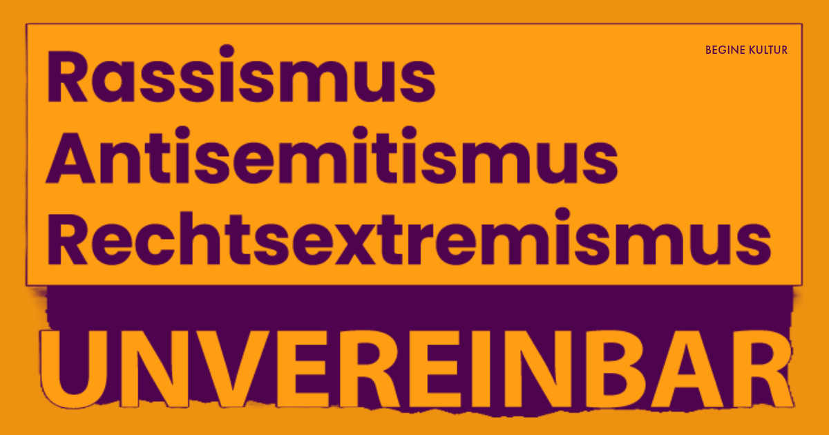 Eine orange Grafik worau steht: Rassismus, Antisemitismus, Rechtsextremismus Unvereinbar. 